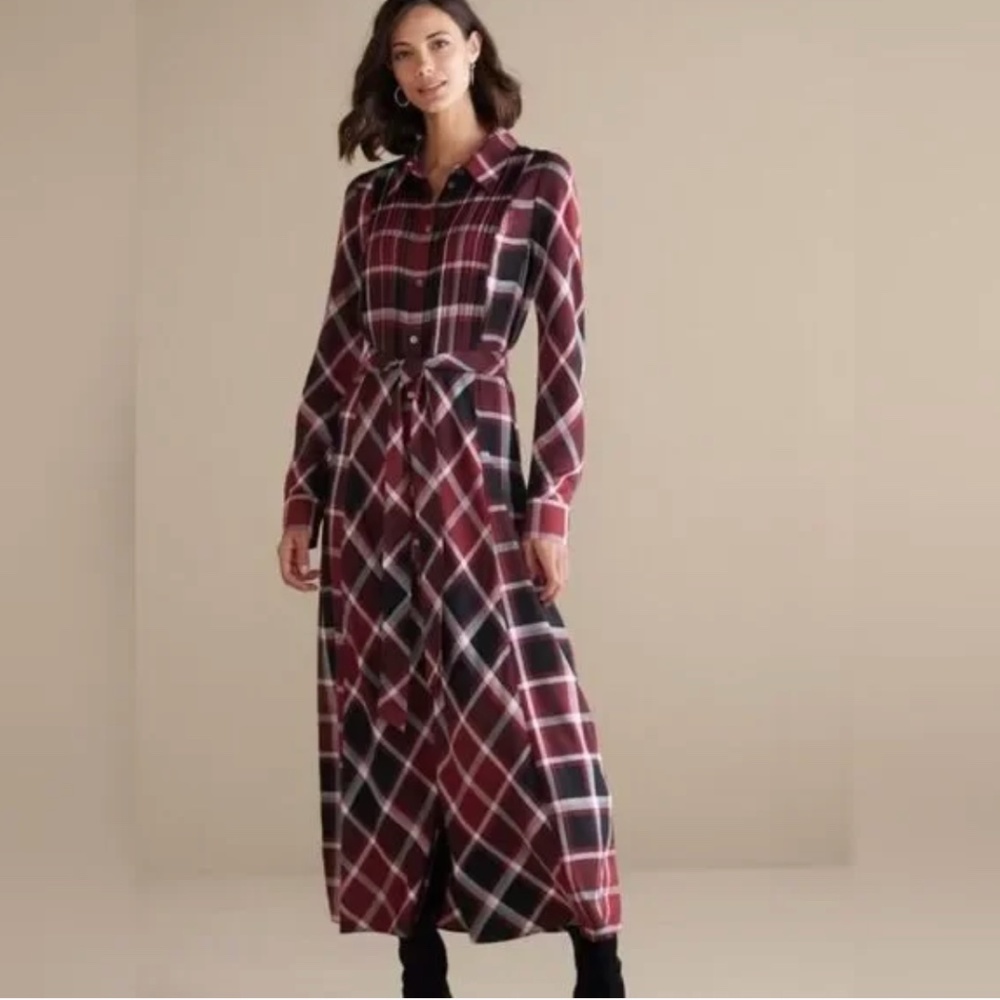 Soft Surroundings Gayle Tartan Red Plaid Belted Maxi Dress Size 8